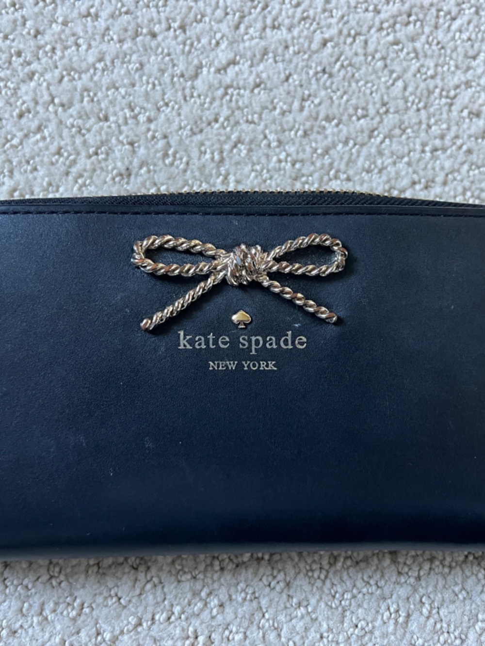 kate spade Black Leather Zip Wallet with Gold Bow Detail